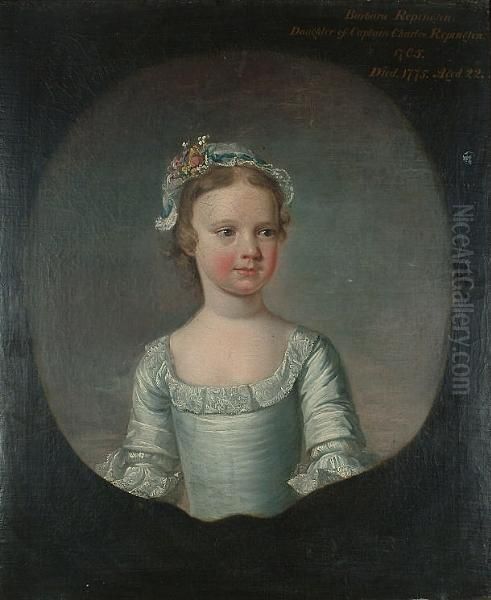 Portrait Of Barbara Repington As
 A Girl, Half-length, In A White Dress And A White Lace Cap With 
Flowers, In A Painted Cartouche. Oil Painting by George Beare