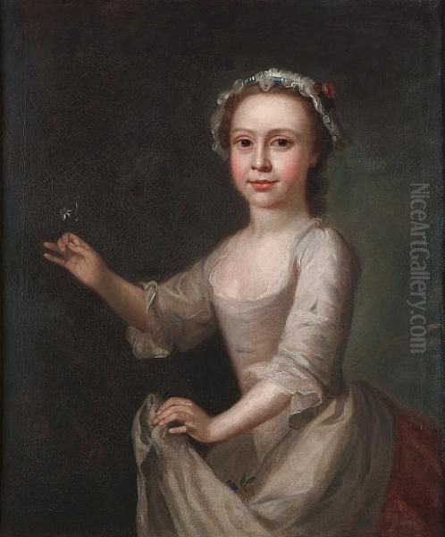 Portrait Of A Young Girl, 
Standing Three-quarter-length, In A White Dress, Holding A Flower Oil Painting by George Beare