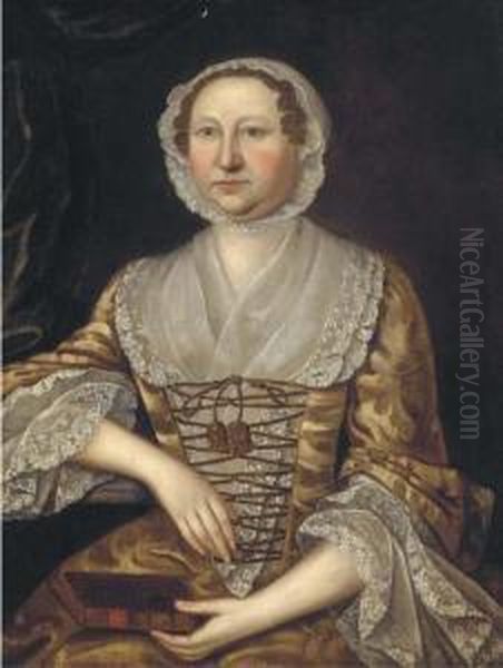 Portrait Of A Lady, Seated 
Half-length, In A Golden Dress With White Lace Sleeves And A White Lace 
Cap, A Book In Her Lap Oil Painting by George Beare