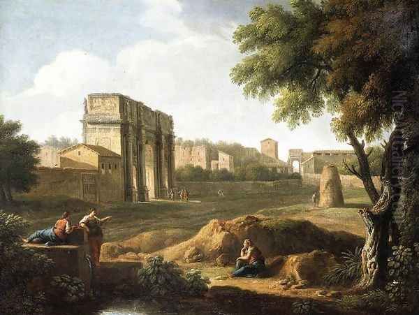 Rome- A View of the Forum 1720s Oil Painting by Giovanni Battista Busiri