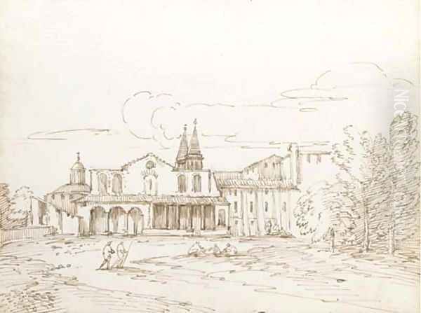 A Roman basilica with a round church beyond, said to be San Giovanni Laterano Oil Painting by Giovanni Battista Busiri