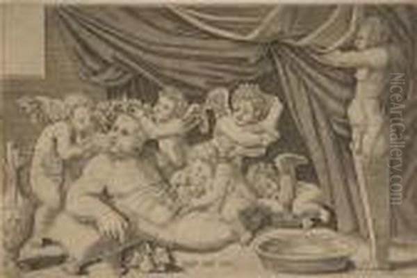 Bacchus Von Putti Umgeben. Oil Painting by Nicolas Beatrizet