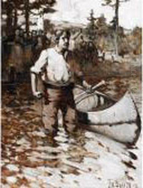 Man With Canoe Before Spectators Oil Painting by John William Beatty