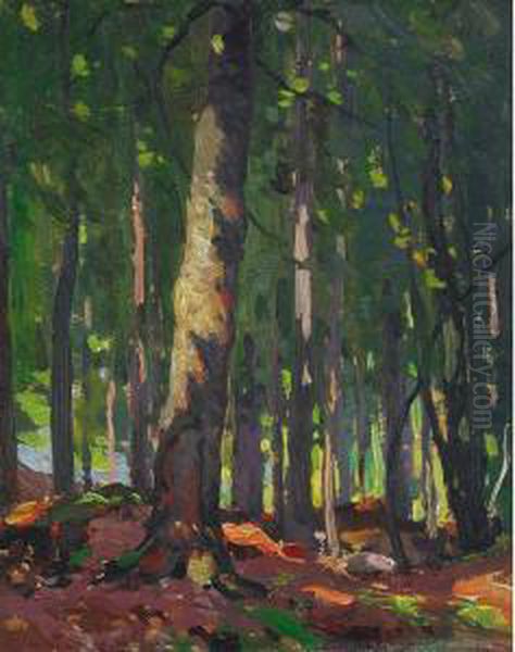 Birch Wood Interior Oil Painting by John William Beatty