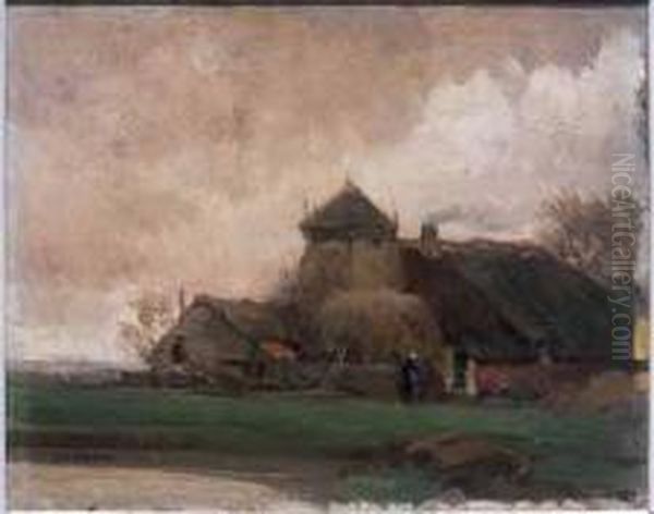 Farm Yard Scene Oil Painting by John William Beatty