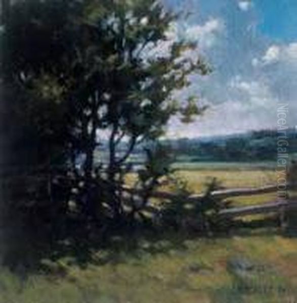 Country Landscape With Fence
 Oil On Board Oil Painting by John William Beatty