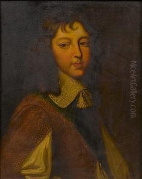 Portrait Of King Louis Xiv Of 
France, As A Boy, Bust-length, In A Brown Satin Coat With A Blue Sash 
And A White Lace Collar Oil Painting by Charles Beaubrun