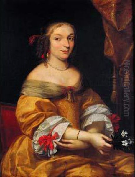 Portrait De Femme Tenant Une Fleur D'oranger Oil Painting by Charles Beaubrun