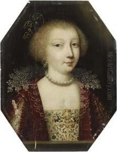 Portrait Of A Young Lady, Small 
Bust-length, In A Gold-embroideredpatterned Dress And Red Velvet Cloak Oil Painting by Charles Beaubrun