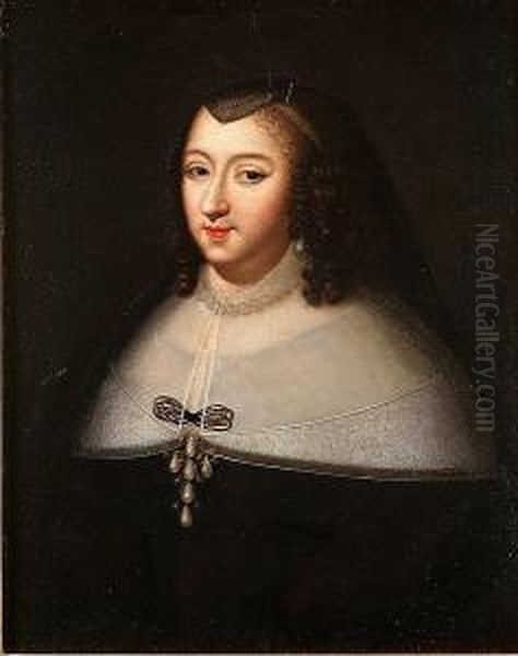 Portrait Of Anne Of Austria, 
Half-length, In A Black Dress With A White Collar And A Black Headdress Oil Painting by Charles Beaubrun