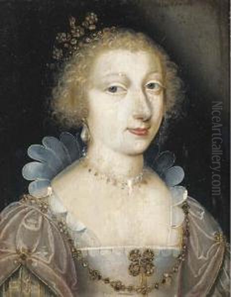 Portrait Of A Lady, Bust-length, With Pearl Drop Earrings And A Necklace Oil Painting by Charles Beaubrun