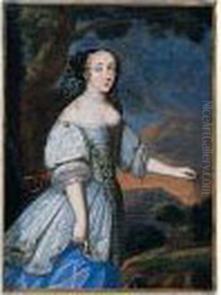 Portrait Of A Lady, 
Three-quarter Length, Wearing A White Silk Dress, In A Landscape At Dusk Oil Painting by Charles Beaubrun