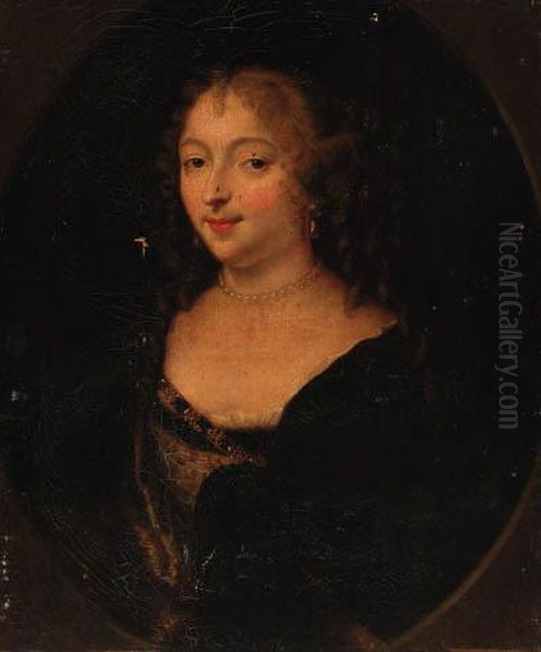 Portrait Of A Lady, Small-half-length, In A Black Dress, With Apearl Choker Oil Painting by Charles Beaubrun