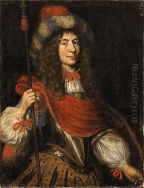 Portrait Of A Nobleman, In Ceremonial Armor, Holding A Spear Andwearing A Feathered Hat Oil Painting by Charles Beaubrun