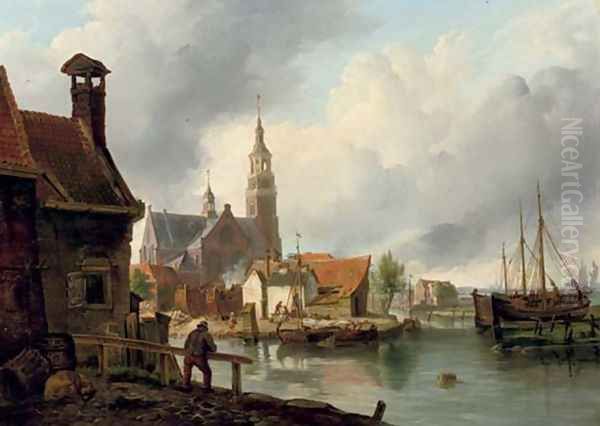 A shipwharf in Maassluis Oil Painting by Petrus Augustus Beretta