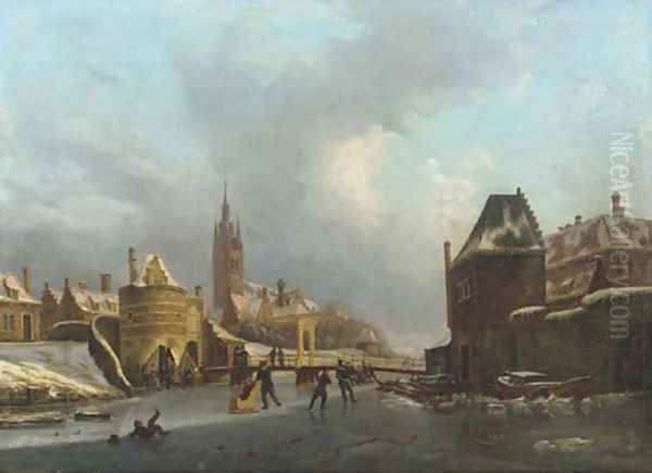 Winterfun on a frozen canal by the Oosterpoort, Delft Oil Painting by Petrus Augustus Beretta