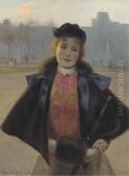 Portrait Of A Young Woman, Three
 Quarter Length, In A Winter Park With Fur Cape, Muff And Hat Oil Painting by Jean Beauduin