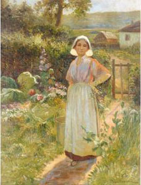 Maid In The Kitchen Garden Oil Painting by Jean Beauduin