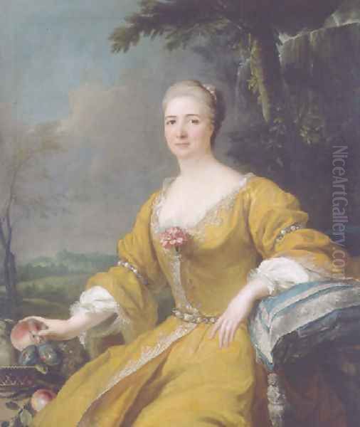 Portrait of the Duchess of Luxembourg, in an embroidered yellow dress, before a fountain, a landscape beyond Oil Painting by Alexis-Simon Belle