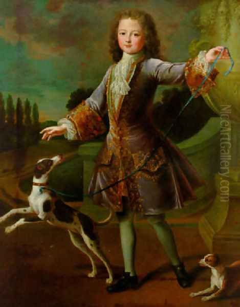 Portrait of a young gentleman in a lilac coat with gold embroidery and a lace cravat, with two dogs in a garden Oil Painting by Alexis-Simon Belle