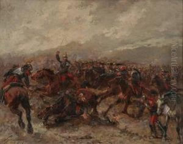 Battle Scene Oil Painting by Wilfred Constant Beauquesne