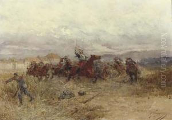 Battle Scene In France Oil Painting by Wilfred Constant Beauquesne