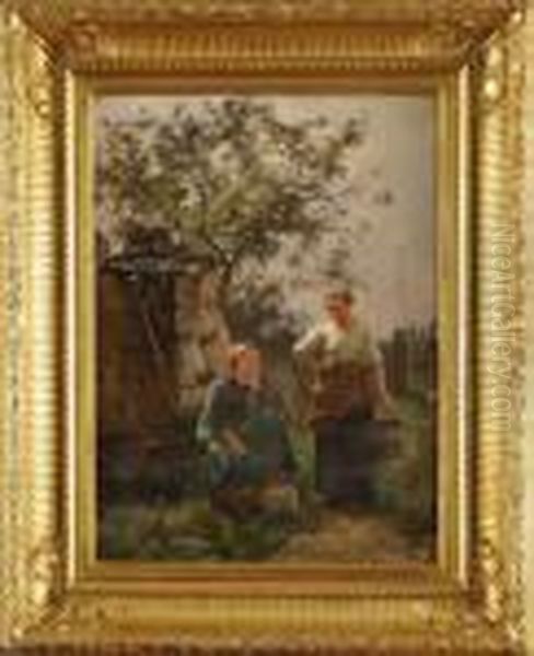 Les Deux Jeunes Femmes Aupuits Oil Painting by Charles Joseph Beauverie