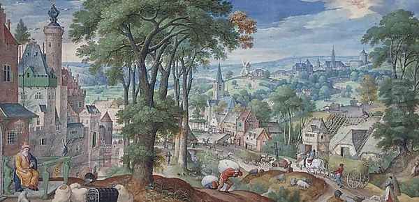 Panoramic Landscape with Parable of The Rich Man and view of the city of Brussels 1585 Oil Painting by Hans Bol