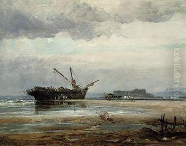 Salvaging The Wreck At Low Tide Oil Painting by Richard Beavis