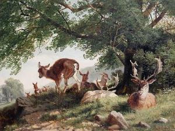 Deer In A Park Oil Painting by Richard Beavis