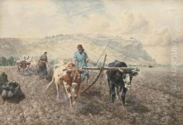 Tilling The Fields Before Mount Carmel Oil Painting by Richard Beavis