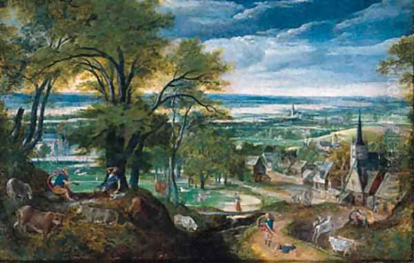 Mercury playing the flute as Argus falls asleep and Mercury slaying Argus, a village and a river valley beyond Oil Painting by Hans Bol