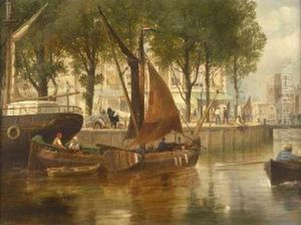 A Busy Canal Scene, Rotterdam Oil Painting by Richard Beavis