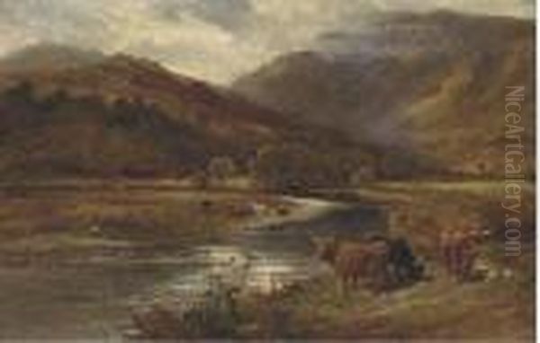 Highland Cattle Grazing By A River Oil Painting by Richard Beavis