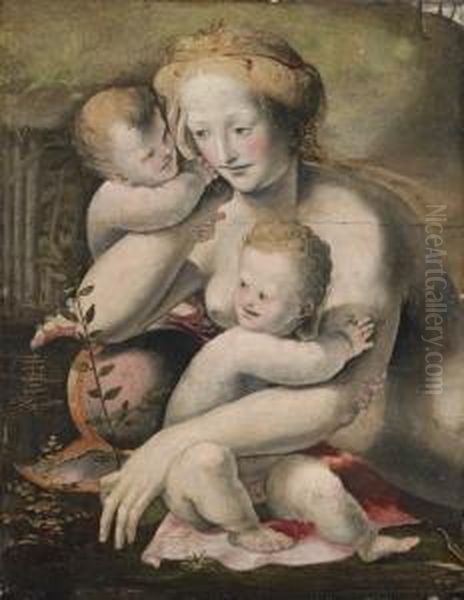 Venus With Two Putti: A Fragment Oil Painting by Domenico Beccafumi