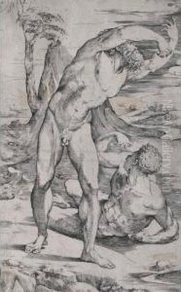 Two Male Nudes In A Landscape (passavant Vi, 150, 4; Le Blanc 7) Oil Painting by Domenico Beccafumi