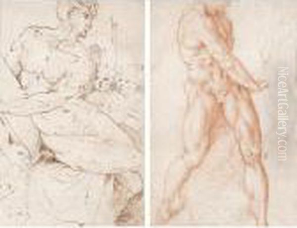 A Male Nude Holding A Tablet A Male Nude And Sketches Of A Torso And A Leg Oil Painting by Domenico Beccafumi