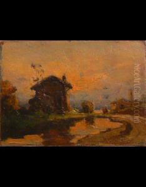 Campagna Piemontese Lungo Il Fiume Oil Painting by Angelo Beccaria