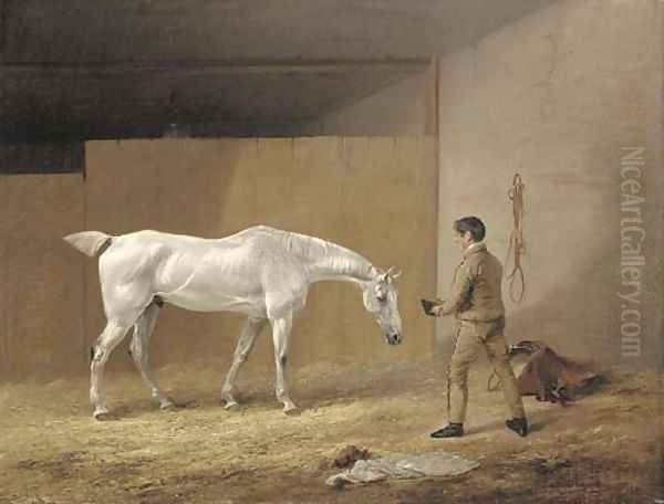 A grey hunter and stableboy Oil Painting by Edmund Bristow