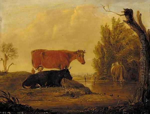 Cattle watering in a wooded landscape Oil Painting by Edmund Bristow