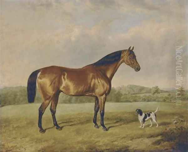 A bay hunter with a terrier in an extensive landscape Oil Painting by Edmund Bristow