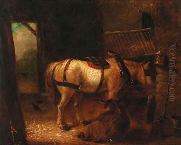 A horse and donkey in a stable Oil Painting by Edmund Bristow