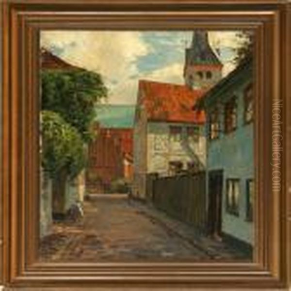 Street Scene With St. Olai Church In Elsinore Oil Painting by Christian Frederick Beck