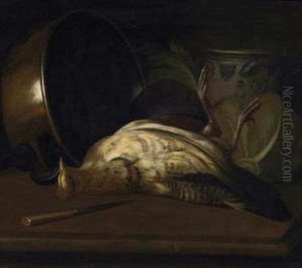 Two Paintings. A) Still Life With Kitchen Utensils, Cabbage And Slain Wild-bird Oil Painting by Jacob Samuel Beck