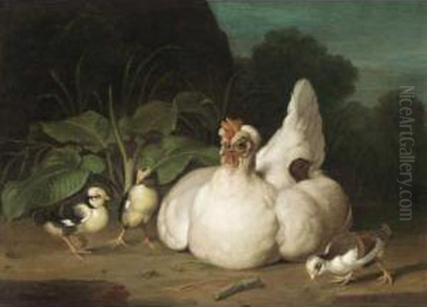 A Hen And Chicks In A Landscape Oil Painting by Jacob Samuel Beck