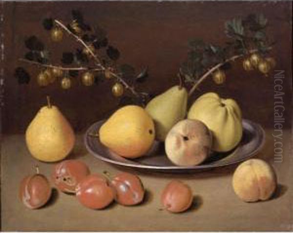 Still Life Of Pears, Apples And 
Gooseberries On A Platter Resting On A Ledge Scattered With Other Fruit Oil Painting by Jacob Samuel Beck