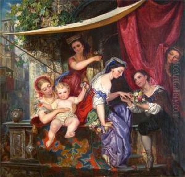 Venezianische Familienidylle Auf Einem Sonnigen Balkon Oil Painting by Carl Ludwig Friedrich Becker