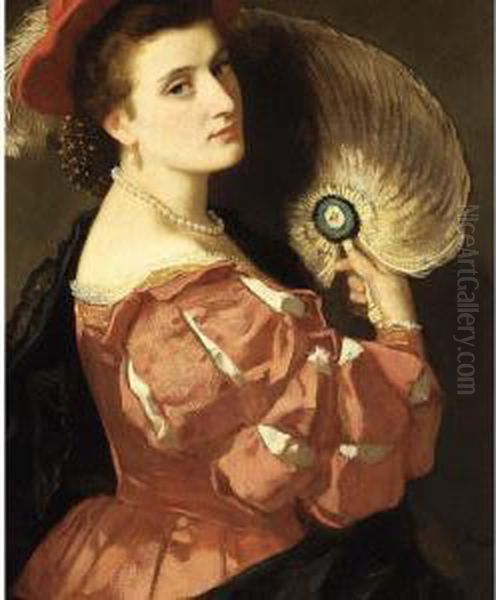 A Portrait Of An Elegant Lady Holding A Fan Oil Painting by Carl Ludwig Friedrich Becker