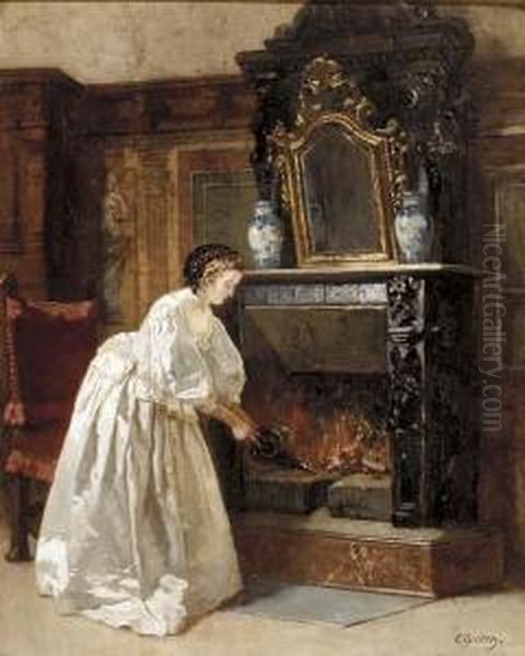 Tending To The Fire Oil Painting by Carl Ludwig Friedrich Becker