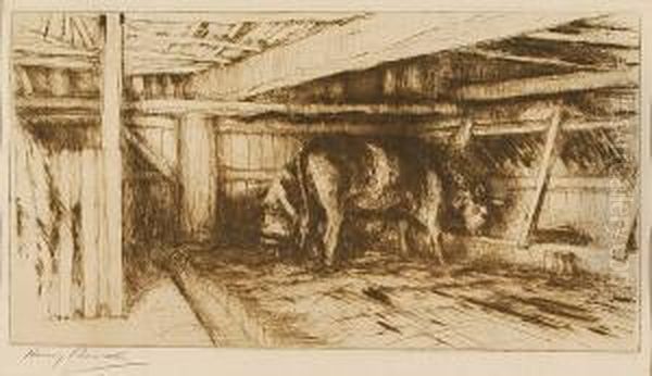 Stable Interior With Cattle Feeding Oil Painting by Harry Becker